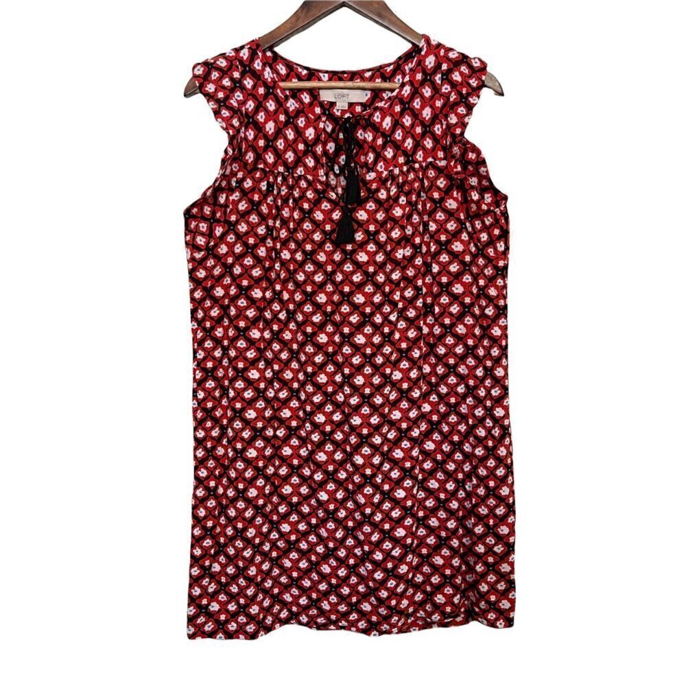 LOFT Womens Red Tassel Tie Ruffle Sleeve Abstract Floral Mini Shift Dress Medium